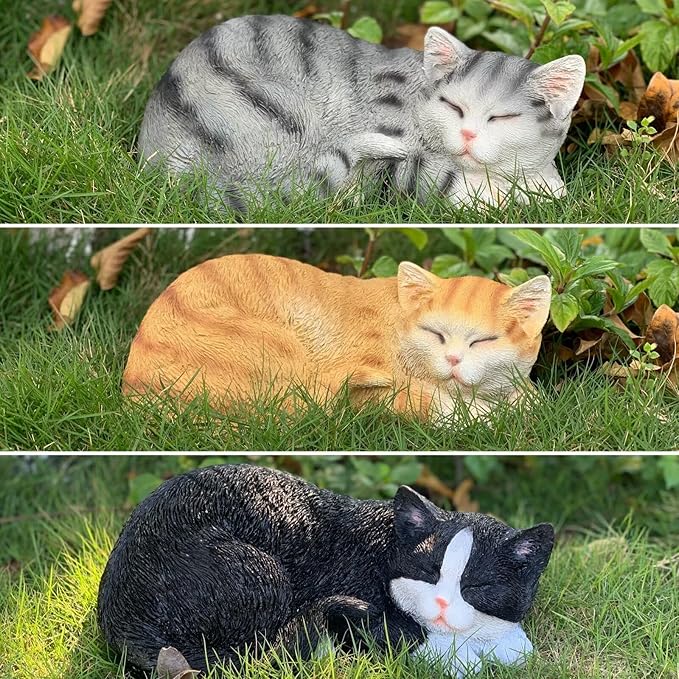 Cat Statue Outdoor Cat Figurines Garden Decor, Black Tabby Statue Figurine Decor Sculpture for Patio, Yard, Sleeping Tabby Statues for Indoor Table Accessory, Gift for Mom