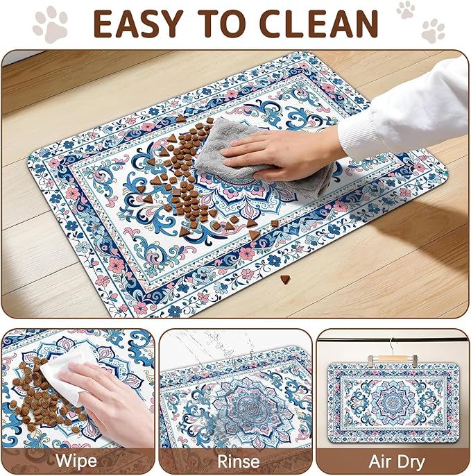 Dog Food Mat for Bowls, Absorbent Quick Dry Dog Cat Mats for Food and Water, Non-Slip Backing Pet Mat Pet Supplies - Blue Vintage Floral Pattern