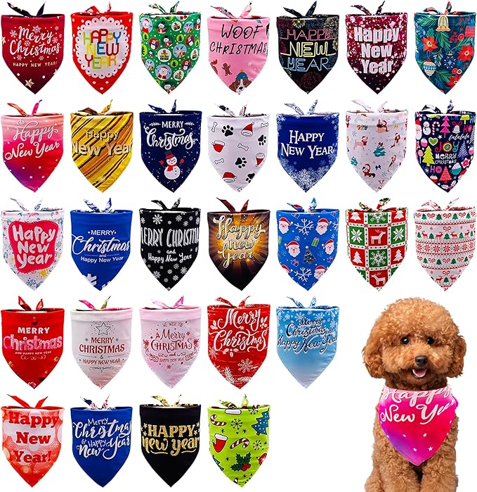 30 Pcs Christmas Happy New Year Dog Bandanas Bulk for Small Dogs Stitch Dog Bandanas Party Grooming S