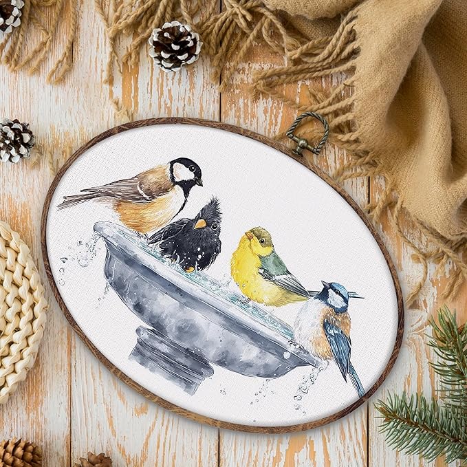 DILSJ Bird Oval Wall Art Decor, Country Bird Bath Canvas Wall Art Framed, Rustic Watercolor Birds Hanging Decorations for Bathroom Washroom Restroom Toilet, 8.5x11 Inch