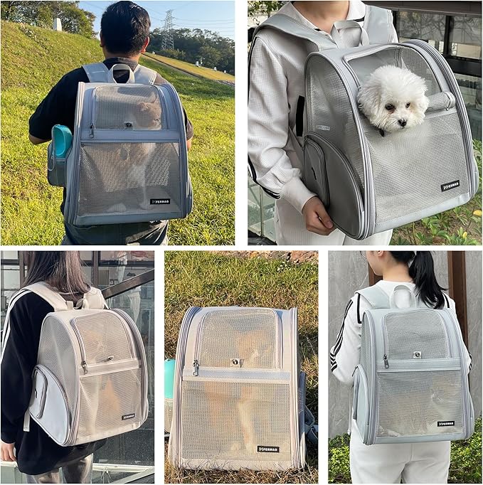 Cat Backpack Carrier for Small Dogs and Medium cat Puppy Kitten Bunny Pet Carrier Backpack Collapsible with Fully Ventilated Mesh with Safety Leash (Gray, 12.9" L x 10.62" W x 15.5" H - M)
