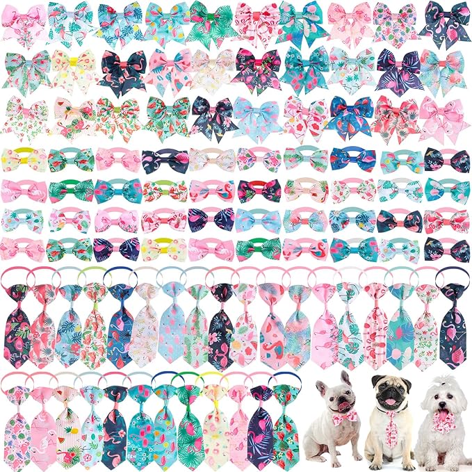 Reginary 100 Pieces Dog Bow Tie Collar Set Include 40 Dog Neckties, and 30 Puppy Bowties, 30 Collar Flowers, Adjustable Pet Ties Grooming for Small Medium Cats Pets Supply(Flamingo)