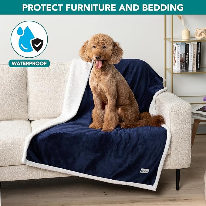 PetAmi Waterproof Dog Blanket for Medium Large Dog Puppy Cat Throw for Couch Cover Leakproof Protection, Sherpa Fleece, Reversible Soft Washable 60x40 Navy Blue
