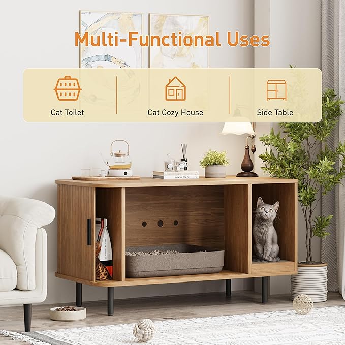 Cat Litter Box Enclosure with Cat Scratch Pad, Sliding Door, 37.4" Litter Box Enclosure Furniture Hidden Litter Box, Modern Indoor Cat House, TV Stand, Side End Table for Living Room, Natural