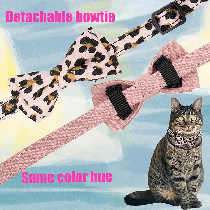 Collar for Cat Pet Breakaway with Bell Bowtie Detachable Bow Adjustable Safety Kitten Puppy Girl Boy 2pcs Pink Leopard & Pure