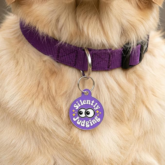 Bad Tags Personalized Dog and Cat ID Tags in 25+ Designs and 2 Sizes - 5 Lines of Custom Engraved Text - Funny Cute Personalized Pet Tags (Silently Judging - Purple, Small (1 inch))