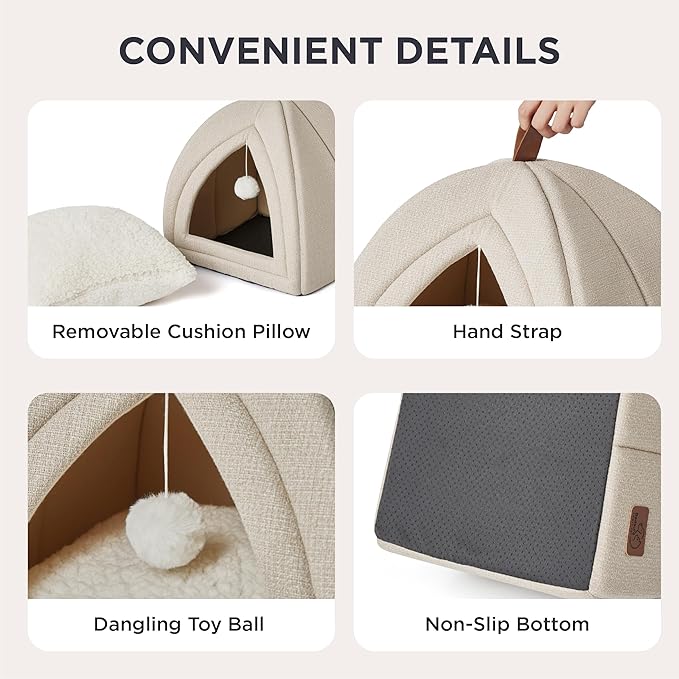 Bedsure Cat Beds for Indoor Cats- 2 in 1 Cat Cave House Tent for Kittens and Small Pets with Removable Washable Cushioned Pillow, Foldable Kitten Hideaway with Non-Slip Bottom, Beige, 16 inches