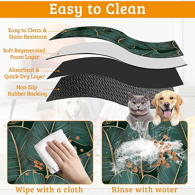 Tropical Palm Feeding Mat,Green Leaves Absorbent Quick-Dry Cat Dog Food and Water Bowl Mats,Non-Slip Rubber Backing Mat,Cat Dog Accessories Supplies 12" x 20"