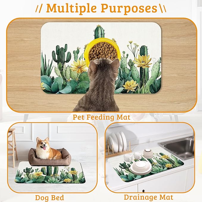 Tropical Cactuses Feeding Mat,Blooming Succulents Absorbent Quick-Dry Cat Dog Food and Water Bowl Mats,Non-Slip Rubber Backing Mat,Cat Dog Accessories Supplies 16" x 24"