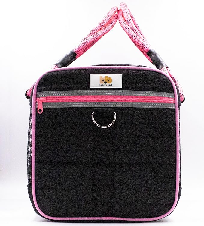 Buddy's Best Airline Approved Pet Carrier Black & Pink Heavy Duty, Fits Under Seat, TSA Compliant, Ventilated Mesh Design w/Waterproof Base & Reflective Safety Strips