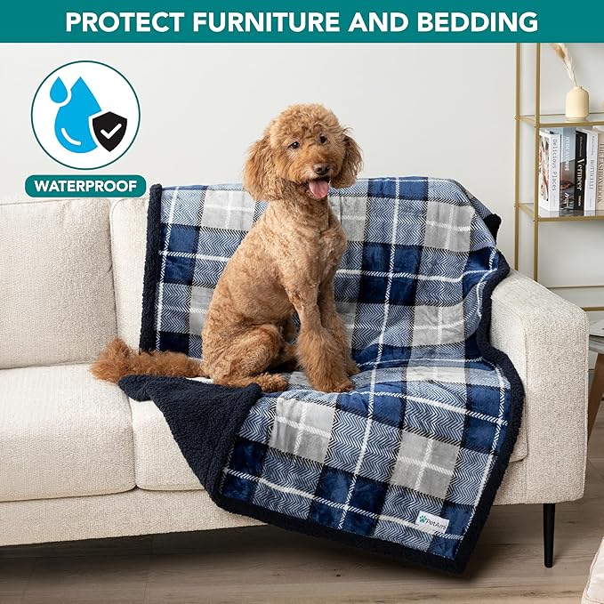 PetAmi Waterproof Dog Blanket for Medium Large Dog Puppy Cat Throw for Couch Cover Leakproof Protection, Sherpa Fleece, Reversible Soft Washable 60x40 Plaid Navy Blue