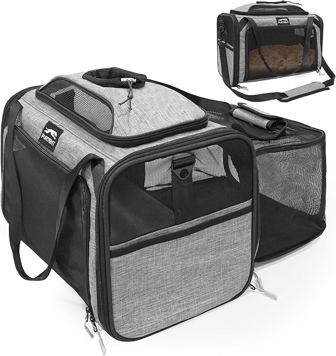 Top and Side Expandable Pet Carriers, 16x11x11 Airline Approved Soft-Sided Cat Carrier for Small Dogs and Cats, in-Cabin Travel Carrier with Anti-Scratch Mesh, Grey