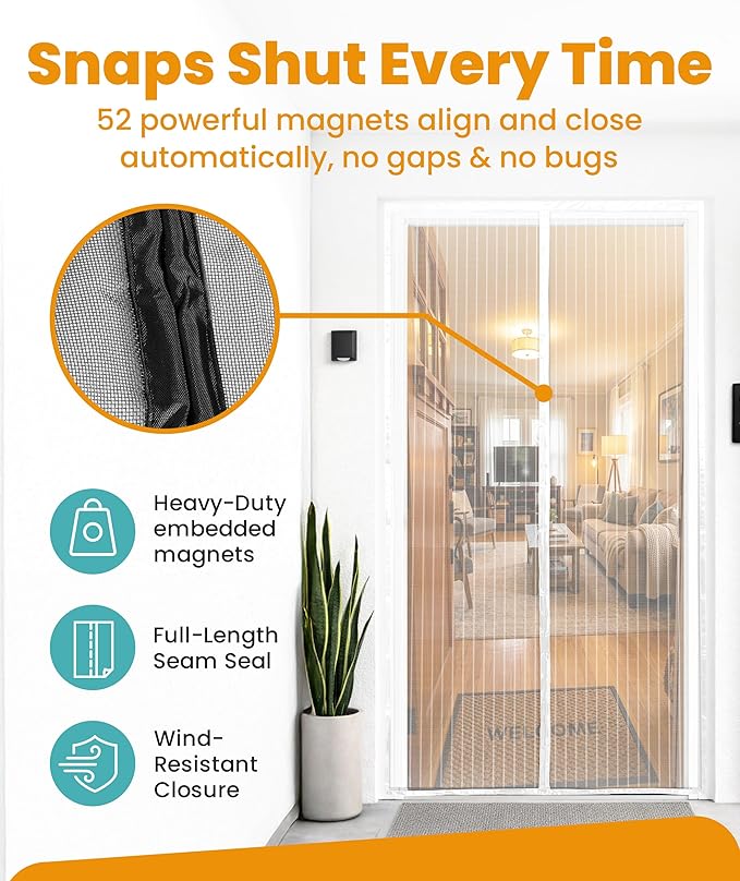 Flux Phenom Magnetic Screen Door Mesh 38x82 Inch – Easy Install, Strong Magnet Strength, Self-Sealing Mesh, Pet Tested, Hands-Free Entry, Door Screen Magnetic Closure, Keeps Bugs Out - White