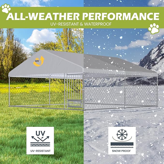 13FT x 13FT Outdoor Dog Kennel with Roof, Outside Dog Run Fence with Rotated Dog Bowls, Large Dog House Pen Enclosure with Secure Lock&Textilene Door