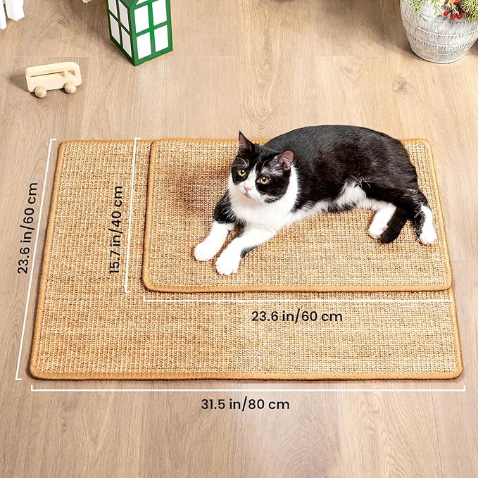 Cat Scratcher Mat,Sisal Cat Scratch Pad with Hook&Loop Tape,Wall Floor Kitten Scratching Pads Rug for Indoor,Furniture Protector for Couch&Carpets&Sofas,Kitty Bithday Gifts,Large,Brown,2 Pack