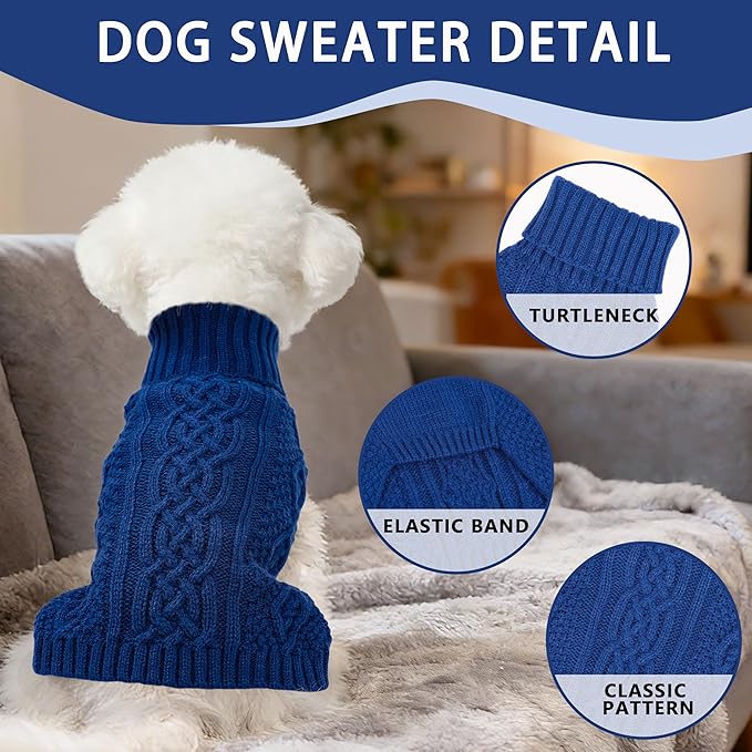 Dog Sweaters Small Dog Clothes Winter Turtleneck Puppy Sweater Warm Pet Cat Sweater Doggy Pullover Outfit with Twisted Design XS~XL(Navy Blue, Medium)
