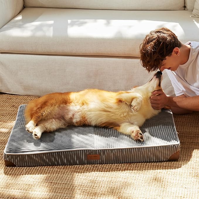 FUKUMARU Dog Bed, Thickened Corduroy Orthopedic Dog Beds with Washable Cover, Large Waterproof Dogs Bed for Crate, 28D Egg Crate Foam Support Pet Mat, Cozy Pet Bed Pad with Anti-Slip Bottom, Grey