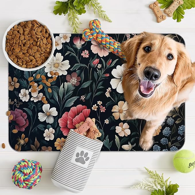 Floral Boho Dog Cat Food Mat,Pink Flower Vintage Absorbent Pet Feeding Mat with Rubber Backing,Non-Slip Water Bowl Placemat,Indoor Pet Accessories Supplies 16"x24"