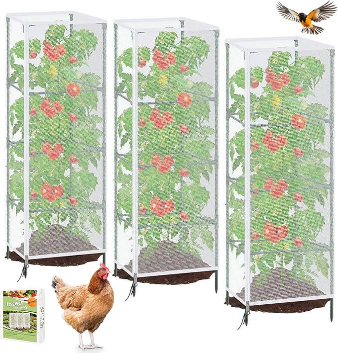 3 Pack 59"x18" Bird Netting Plant Cover for Garden Square Tomato Cages Protection,Insect Bird Barrier Garden Plant Netting Tomato Trellis Protective Cover with Zipper & Drawstring