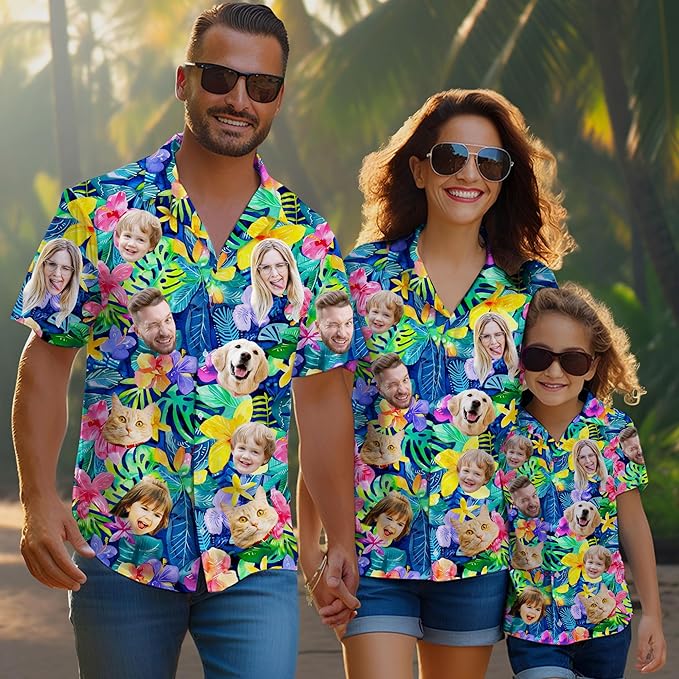Custom Hawaiian Shirt with Face Photo Picture for Men Women Kids Youth Adult, Tropical Personalized Hawaiian Shirts Gift