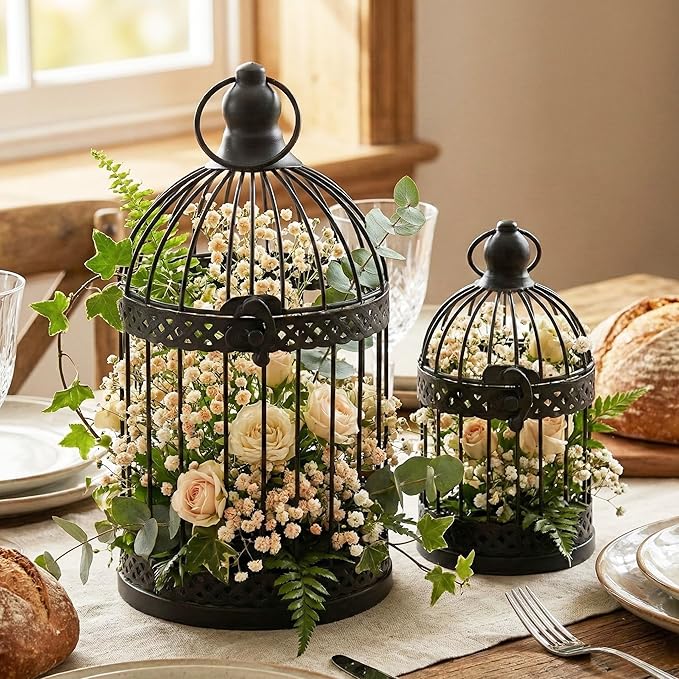 Vela Lanterns Bird Cage Decor Candle Holder Lantern Decorative Table Centerpiece Halloween Decorations, Black, Set of 4