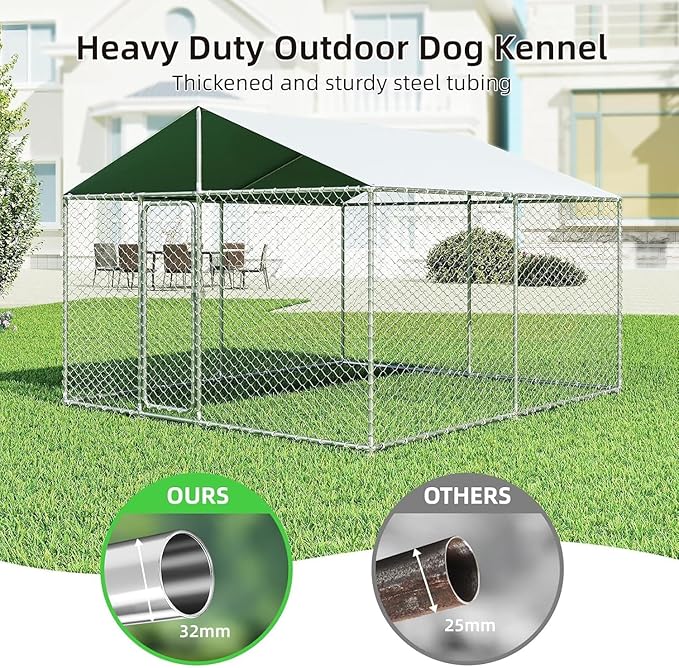 10'x10' Large Outdoor Dog Kennel, Heavy Duty Dog Enclosure with Roof, Weather Resistant Cover and Security Lock(124"x124")
