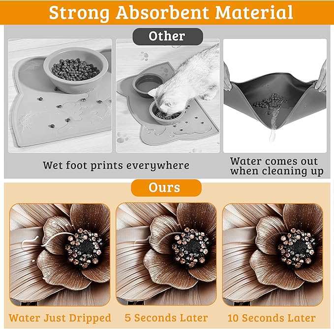 Black Brown Flower Feeding Mat,Artistic Absorbent Quick-Dry Cat Dog Food and Water Bowl Mats,Non-Slip Rubber Backing Mat,Cat Dog Accessories Supplies 12" x 20"