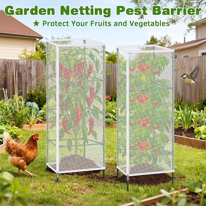 3 Pack 59"x18" Bird Netting Plant Cover for Garden Square Tomato Cages Protection,Insect Bird Barrier Garden Plant Netting Tomato Trellis Protective Cover with Zipper & Drawstring