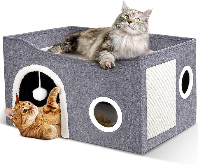 Heeyoo Cat House for Indoor Cats - Large Cat Bed Cave with Fluffy Ball and Scratch Pad, Foldable Cats Houses & Condos, Cat Hideaway, Covered Kitty Bed for Multi Small Large Kitty, 23.8x15.9x13.2 Inch