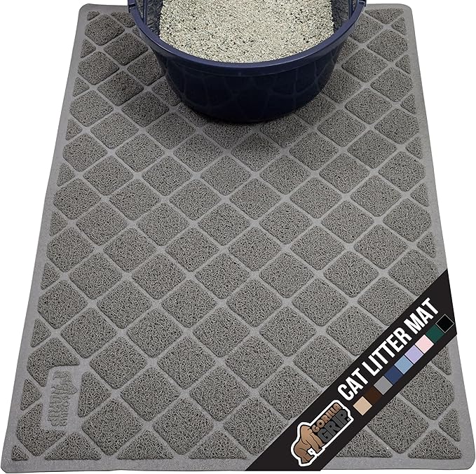 GORILLA GRIP Cat Litter Box Mat, 47x35, Water Resistant, US Designed Kitty Litter Trapping Mats, Easy to Clean, Scatter Control, Less Mess and Clean Floors, Kitten Supplies for Indoor Cats, Grey