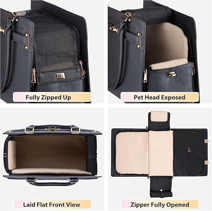 Dog Purse Carrier for Small Dogs, Stylish Foldable Pet Carrier Purse Tote Bag with Washable Cushion & Safety Leash, Airline Approved Puppy Travel Bag with Pockets (Black)
