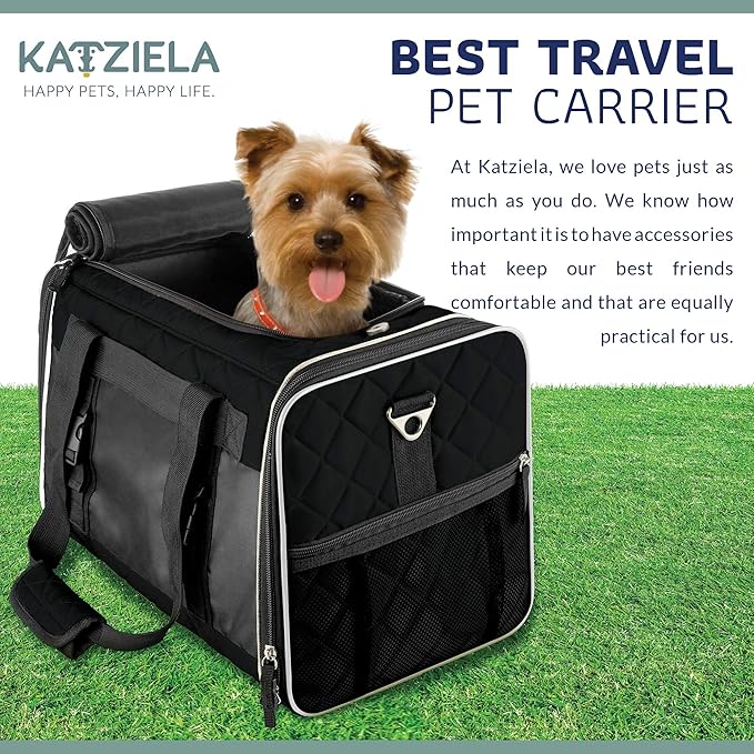Katziela Deluxe Quilted Airline Approved Pet Dog & Cat Carrier for Airplane Travel (Large, Black)