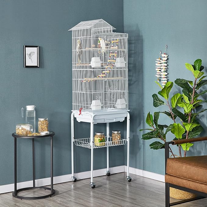 Yaheetech 62.5-inch Roof Top Flight Bird Cage for Parakeets Cockatiels Conures Finches Lovebirds Canaries Budgies Small Parrots, Large Birdcage with Detachable Rolling Stand, White