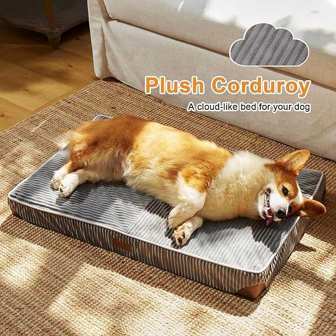 FUKUMARU Dog Bed, Thickened Corduroy Orthopedic Dog Beds with Washable Cover, Large Waterproof Dogs Bed for Crate, 28D Egg Crate Foam Support Pet Mat, Cozy Pet Bed Pad with Anti-Slip Bottom, Grey