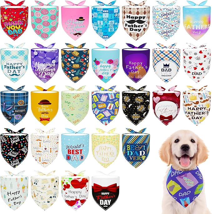 30 Pcs Fathers Day Small Dog Bandanas Bulk 25 Inch Love Dad Dog Bandanas for Medium Dogs Breed Best Dad Dogs Bandana Large Cats Grooming M