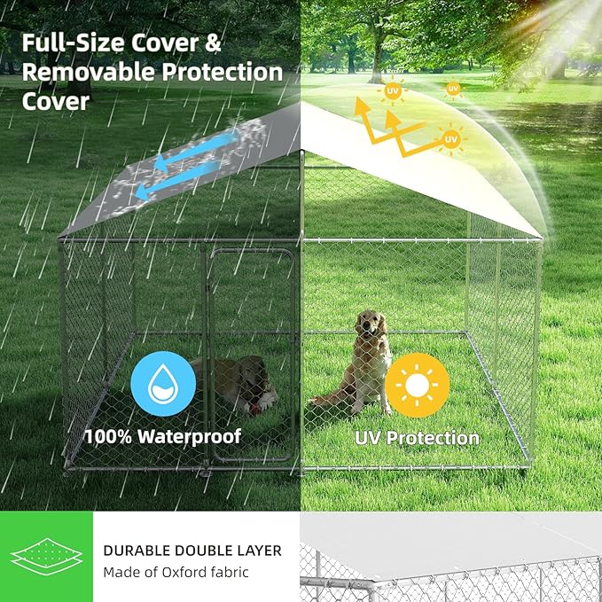 10'x10' Large Outdoor Dog Kennel, Heavy Duty Dog Enclosure with Roof, Weather Resistant Cover and Security Lock(124"x124")