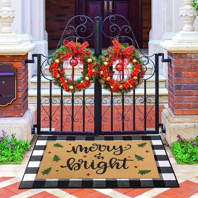 Tinideya 2 Pcs Door Mat Welcome Non Slip Coir Mats Floor Layering Doormats Seasonal for Front Porch Entryway Decor(Rustic Christmas)