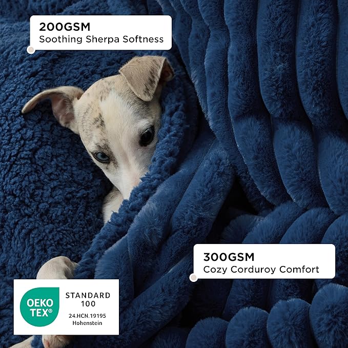 Bedsure ComfyFleece™ Waterproof Dog Blankets for Large Dogs - Soft Pet Cat Blanket Corduroy Fleece for Couch Bed Protector Washable, Cozy Calming Reversible Furniture Protection,50"x60", Navy Blue