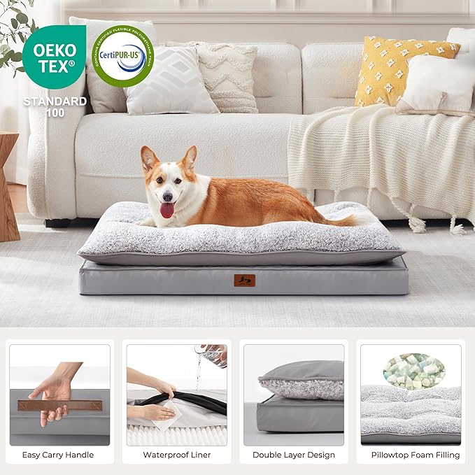 2-Pack Waterproof Dog Bed Medium Size Dogs, Plush Cushion & Orthopedic Egg-Crate Foam Mattress for Senior Dogs, Washable Dog Crate Bed with Removable Cover, Light Grey