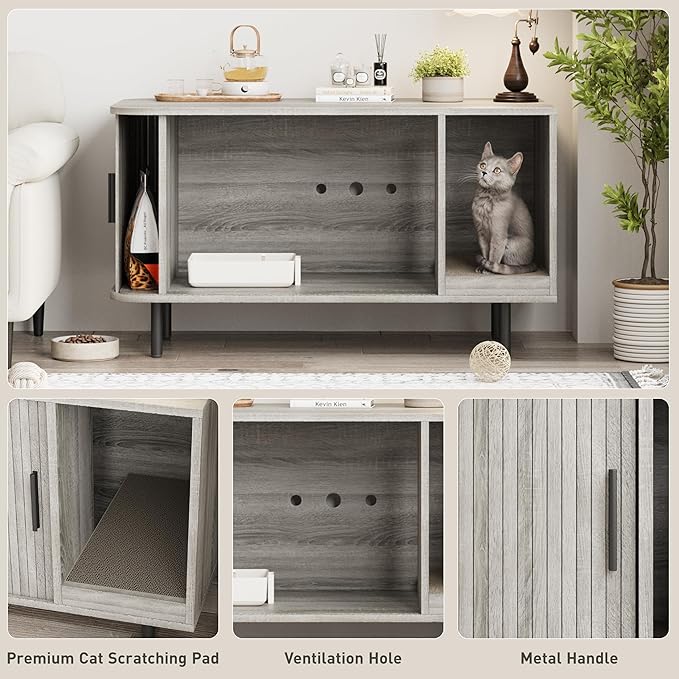 Cat Litter Box Enclosure with Cat Scratch Pad, Sliding Door, 37.4" Litter Box Enclosure Furniture Hidden Litter Box, Modern Indoor Cat House, TV Stand, Side End Table for Living Room, Grey