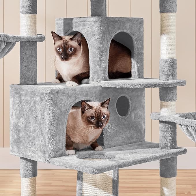Yaheetech 76.5in Multi-Level Large Cat Tree, Big Cat Tower with 3 Condos, Cozy Plush Perches, 9 Sisal Scratching Posts and Ladder, Activity Center for Large Kitties, Light Gray