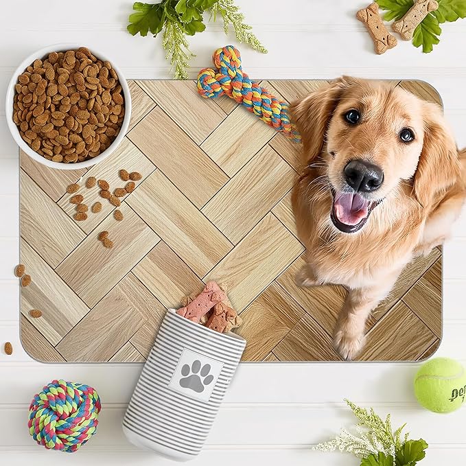 Vintage Wooden Dog Cat Food Mat,Boho Absorbent Pet Feeding Mat for Food and Water,Non-Slip Dog Bowl Mats Floor Protector 12"x20"