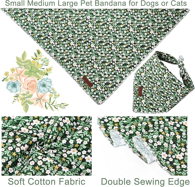 Summer Bandana - Cute Pet Bandana with Flower Pattern, Adjustable Green Puppy Bib, Washable Triangle Dog Scarf for Boy, Girl Dogs or Cats