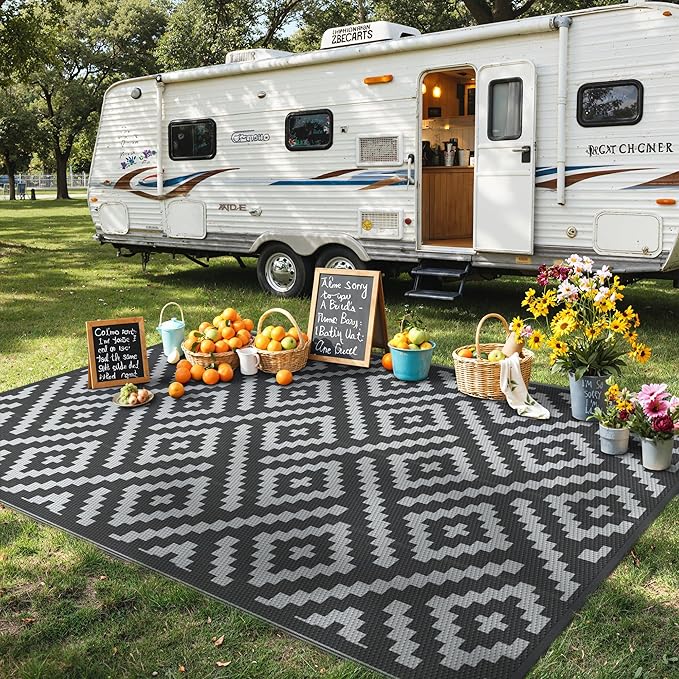 GENIMO Outdoor Rug for Patio Clearance,5'x8' Waterproof Mat,Reversible Plastic Camping Rugs,Rv,Porch,Deck,Camper,Balcony,Backyard,Black & Gray