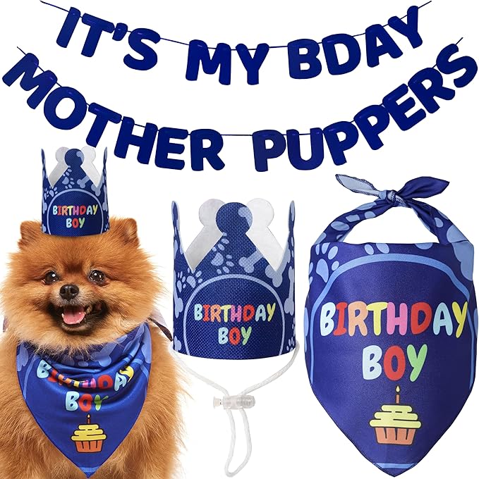 Dog Birthday Party Decorations - Bday Bandana Set - Birthday Boy Bandana for Small Dogs, Puppy, Party Hat, Crown and Cute Dog Birthday Banner with It's My Birthday Mother Puppers Sign