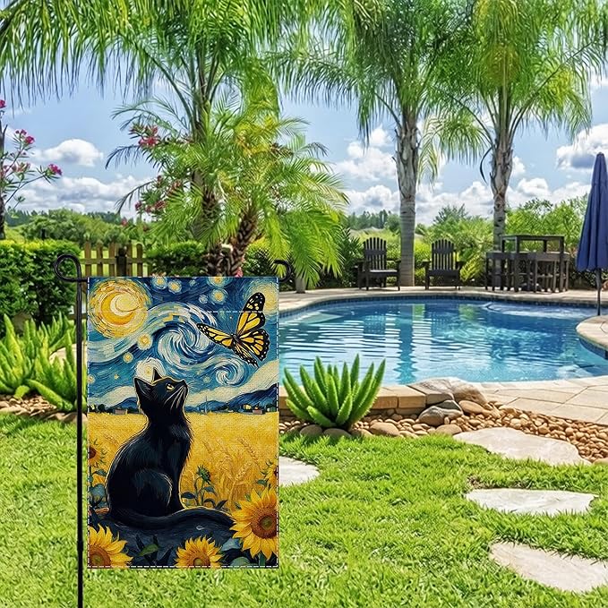Spring Summer Garden Flag Van Gogh Starry Night Black Cat Banner - Monarch Butterfly Sunflower Art Outdoor Decor for Porch Yard Patio Decorations