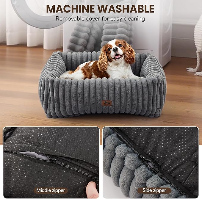 Washable Dog Bed for Small Medium Dogs - Rectangle Orthopedic Corduroy Fleece Pet Bed with Removable Cover and Nonskid Bottom, Calming Puppy Bed Soft Pet Sofa, Grey(25x21x7inchs)