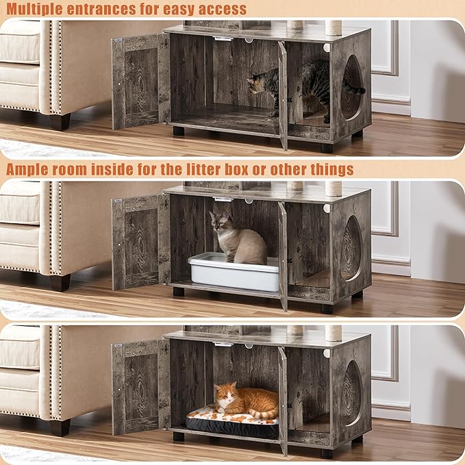 Yaheetech Litter Box Enclosure with Cat Tree, All-in-one Indoor Kitten House w/Scratching Posts, Wooden Cat Litter Box Furniture w/Kitty Condo, Platform, Greige/Beige