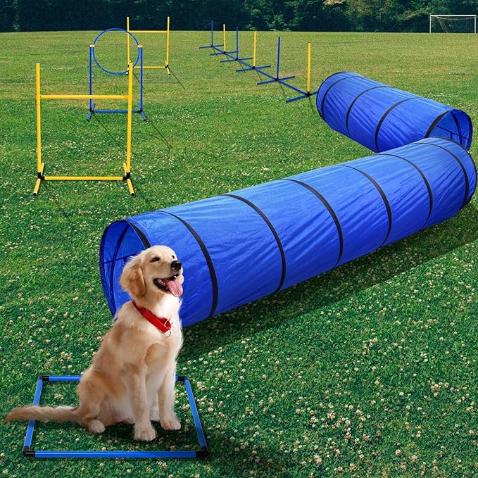Dog Agility Training Equipment, Dog Agility Course Backyard Set with 2 Adjustable High Hurdle, 2 Tunnels, 6 Weave Poles, Pause Box, Jump Ring, Snack Bag, Folding Bowl, Balls, Whistle, Carry Bag