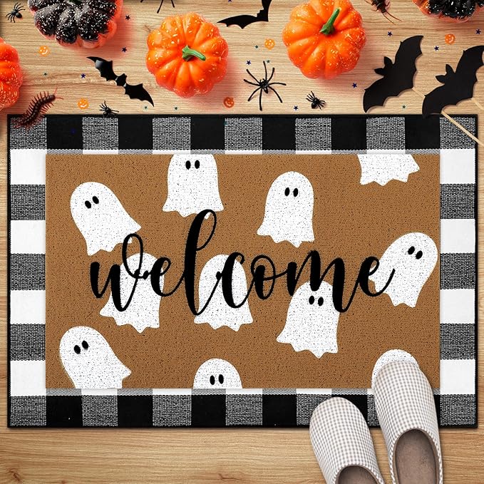 Tinideya 2 Pcs Door Mat Welcome Non Slip Coir Mats Floor Layering Doormats Seasonal for Front Porch Entryway Decor(Plaid Ghost)